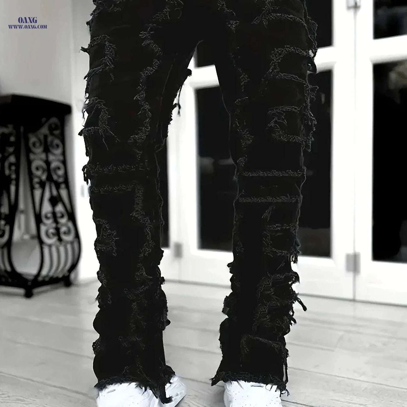 High Hip-Hop Creative Jeans - Slim Fit, Asymmetrical, Embroidered Design   OAXG Black / FR S