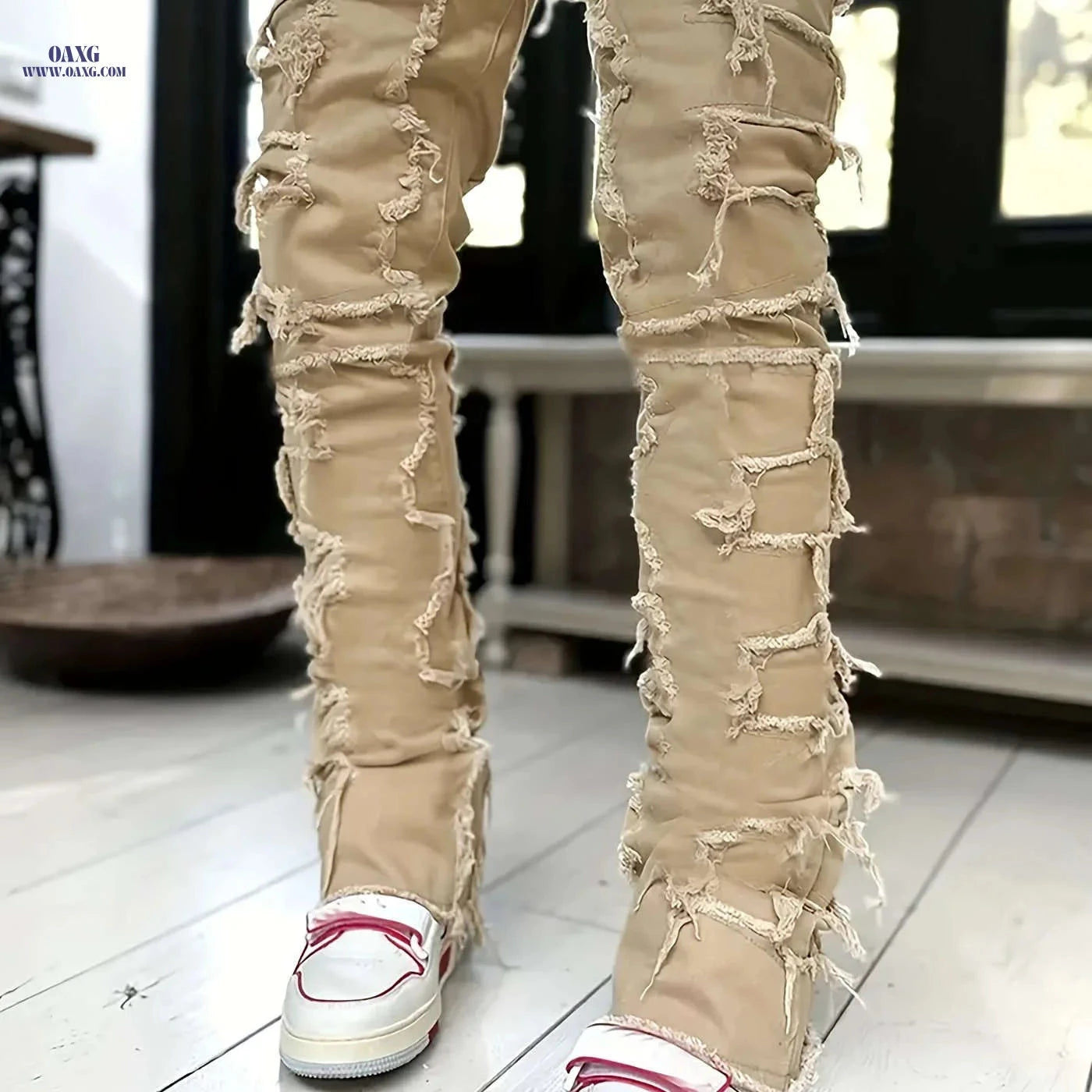 High Hip-Hop Creative Jeans - Slim Fit, Asymmetrical, Embroidered Design   OAXG 