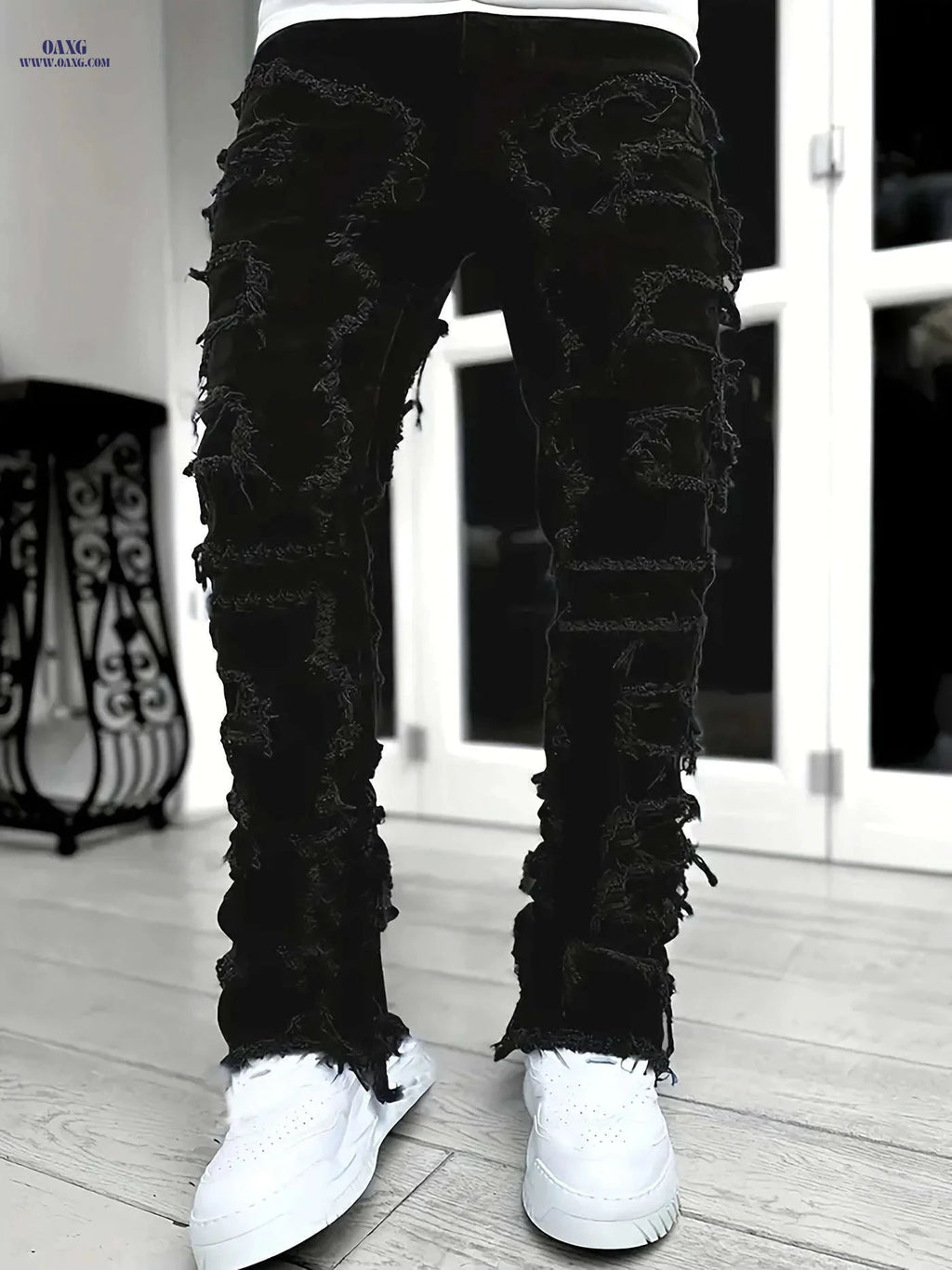 High Hip-Hop Creative Jeans - Slim Fit, Asymmetrical, Embroidered Design   OAXG 