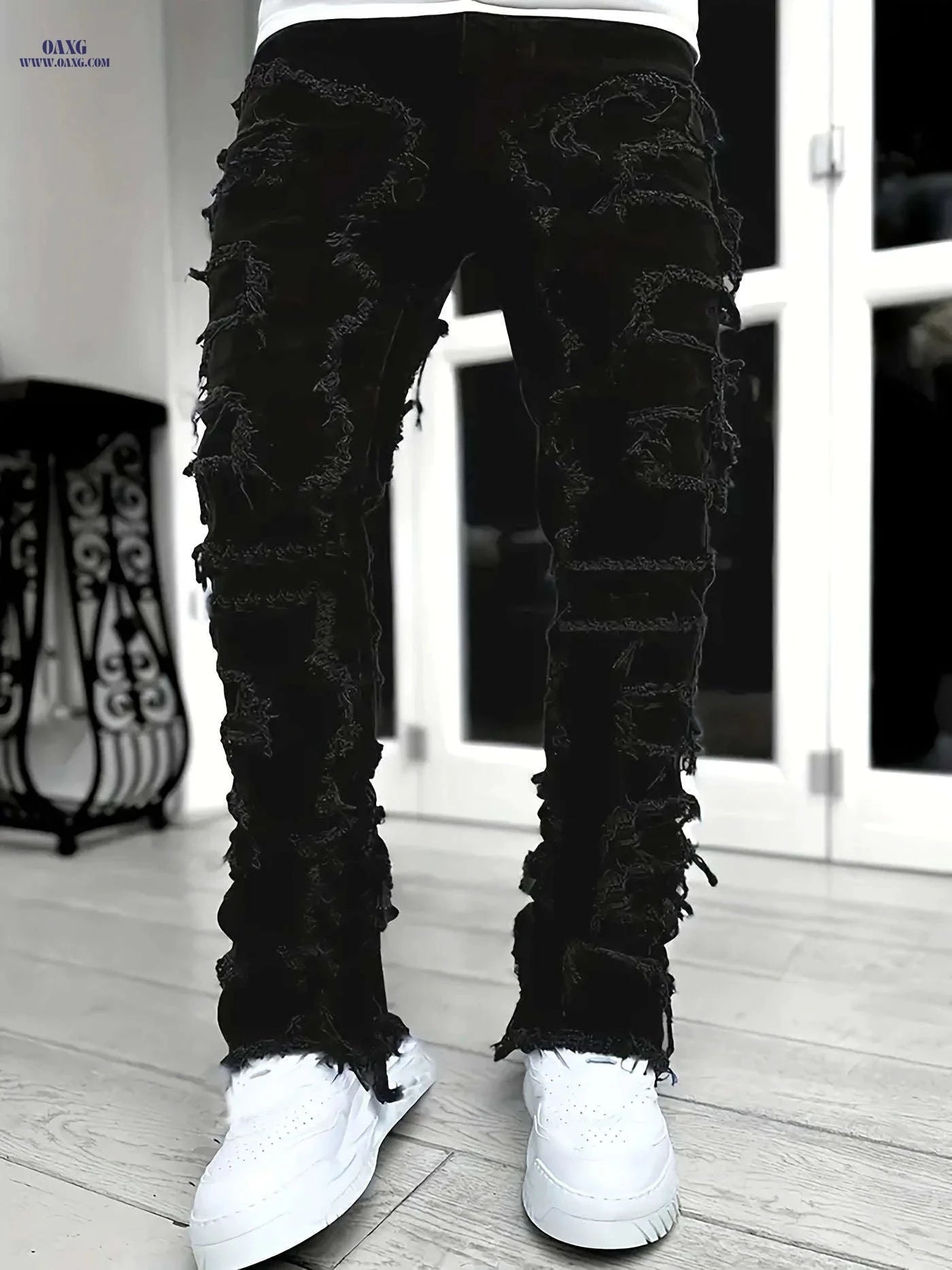 High Hip-Hop Creative Jeans - Slim Fit, Asymmetrical, Embroidered Design   OAXG 