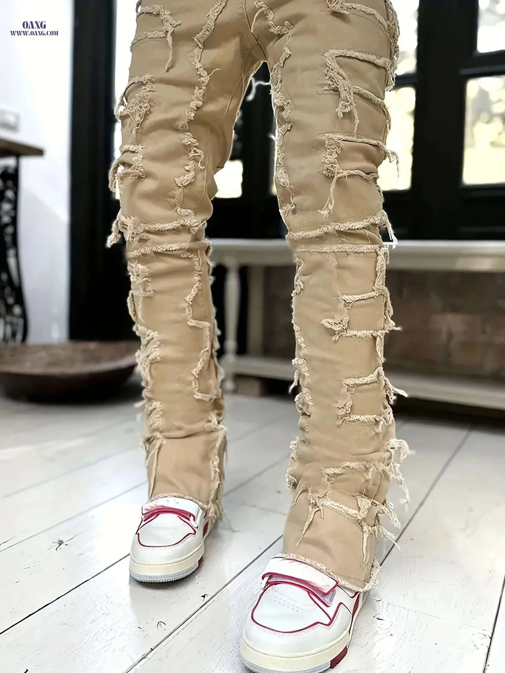 High Hip-Hop Creative Jeans - Slim Fit, Asymmetrical, Embroidered Design   OAXG 
