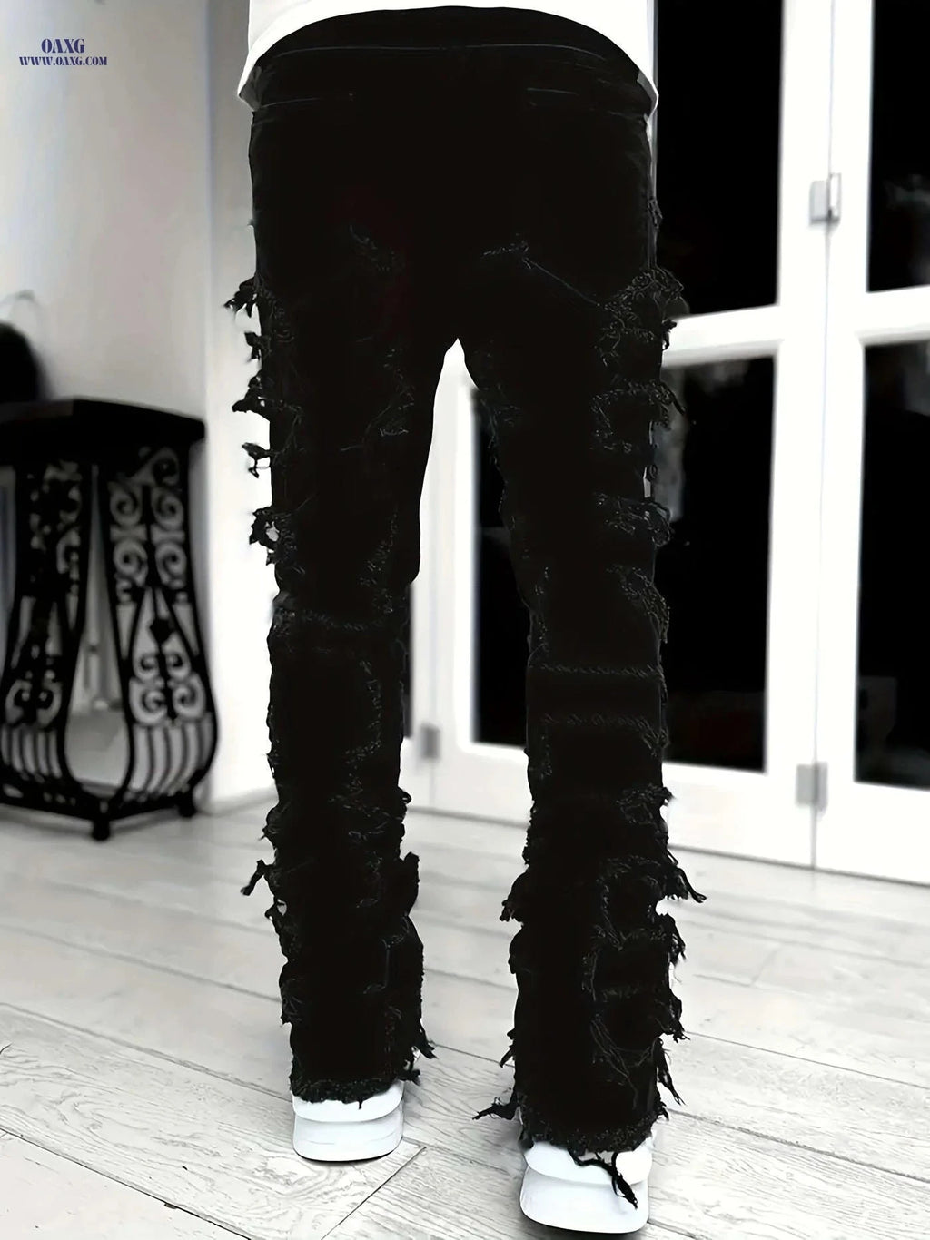 High Hip-Hop Creative Jeans - Slim Fit, Asymmetrical, Embroidered Design   OAXG 