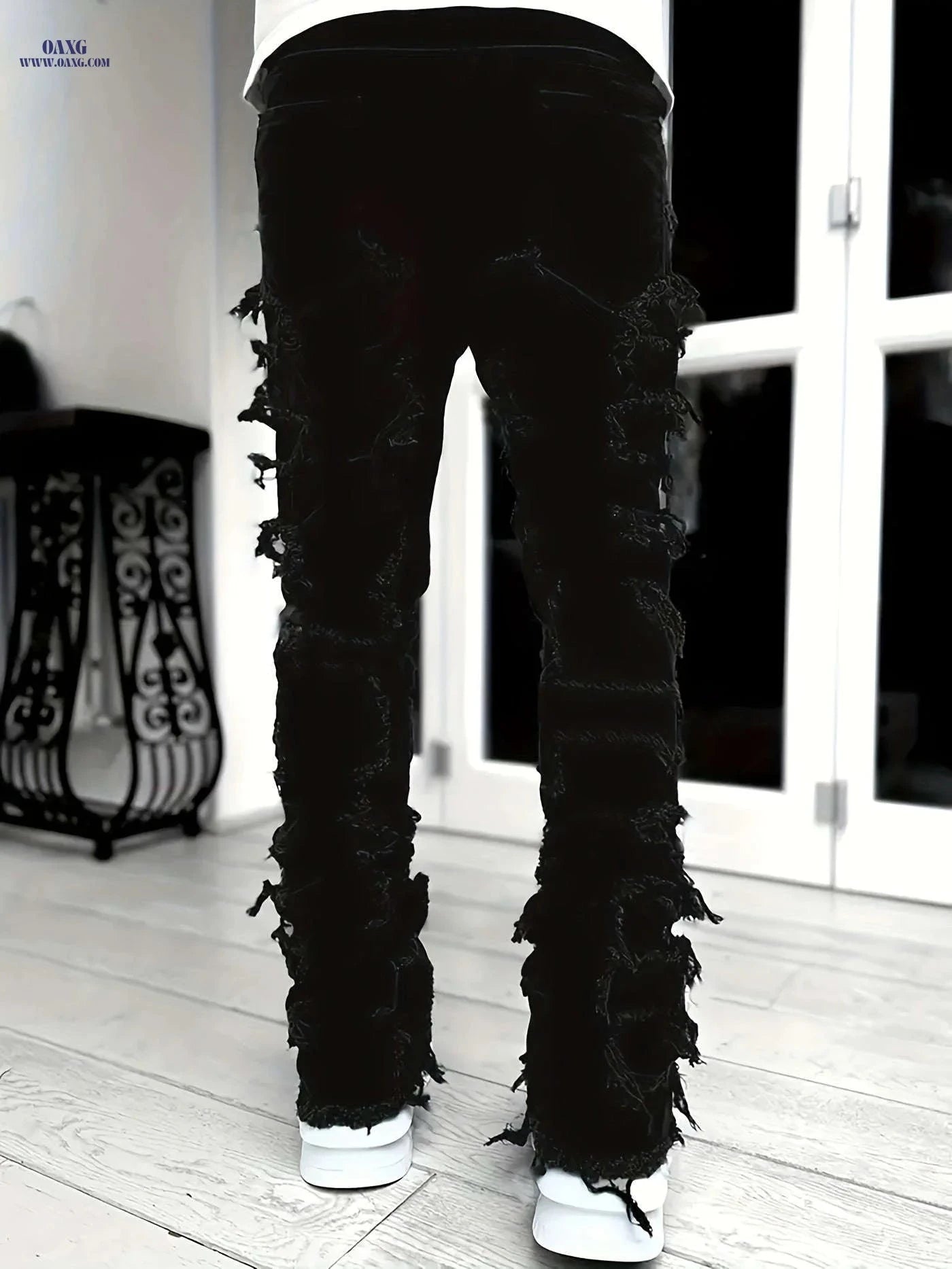 High Hip-Hop Creative Jeans - Slim Fit, Asymmetrical, Embroidered Design   OAXG 