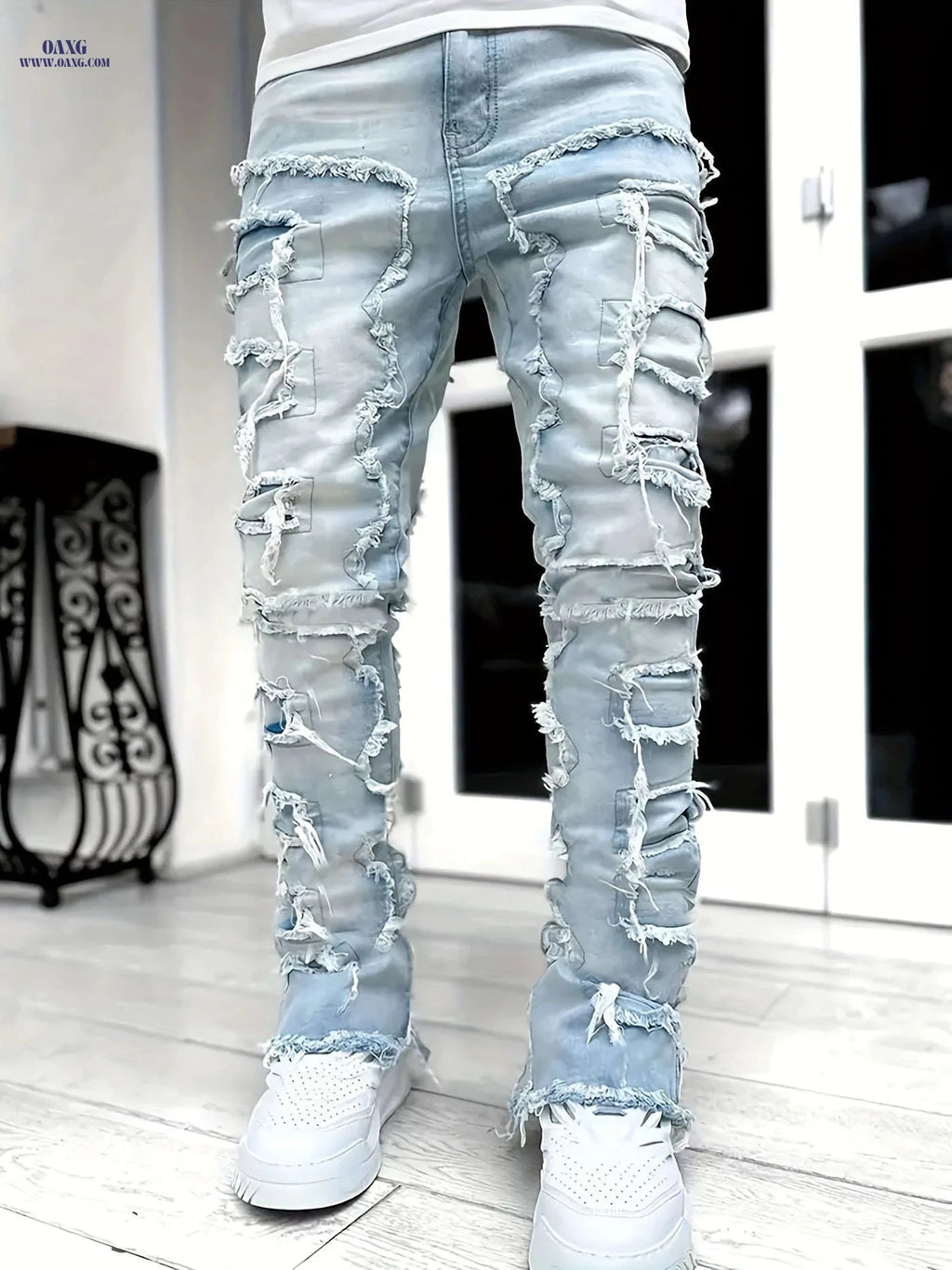 High Hip-Hop Creative Jeans - Slim Fit, Asymmetrical, Embroidered Design   OAXG 