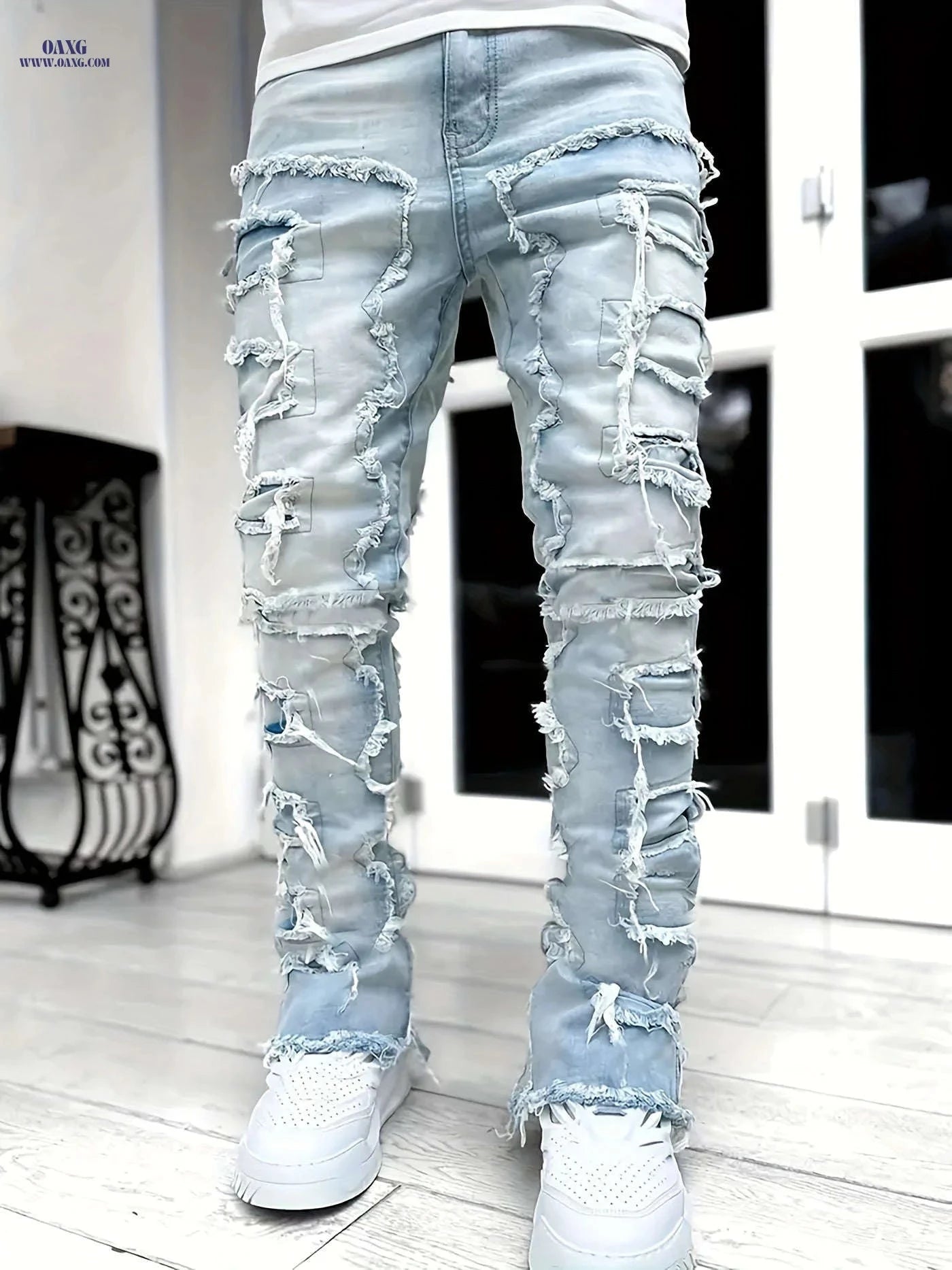 High Hip-Hop Creative Jeans - Slim Fit, Asymmetrical, Embroidered Design   OAXG 