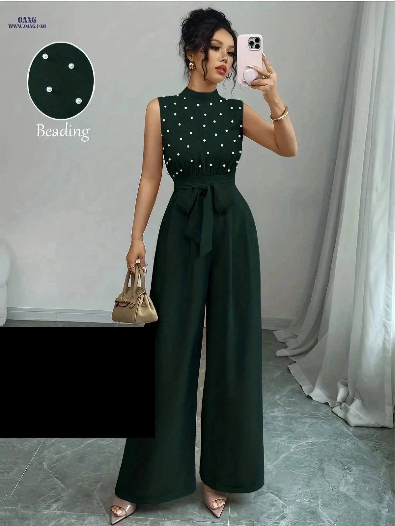 High-Neck Wide-Leg Jumpsuit - Chic Sleeveless Summer Style   OAXG Khaki / XS