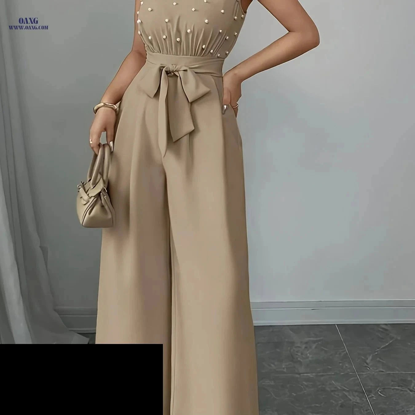 High-Neck Wide-Leg Jumpsuit - Chic Sleeveless Summer Style   OAXG Khaki / XS