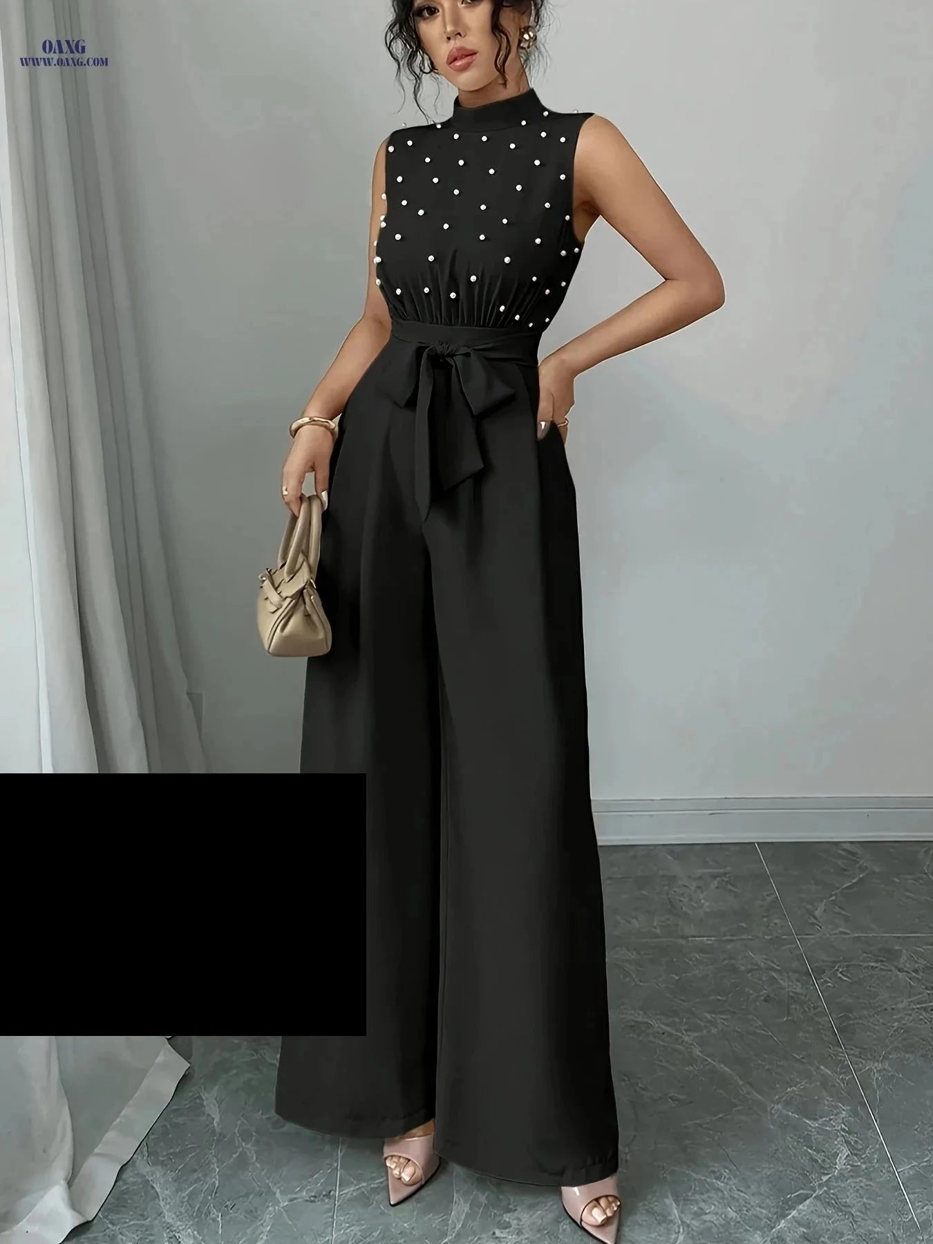 High-Neck Wide-Leg Jumpsuit - Chic Sleeveless Summer Style   OAXG Khaki / XS