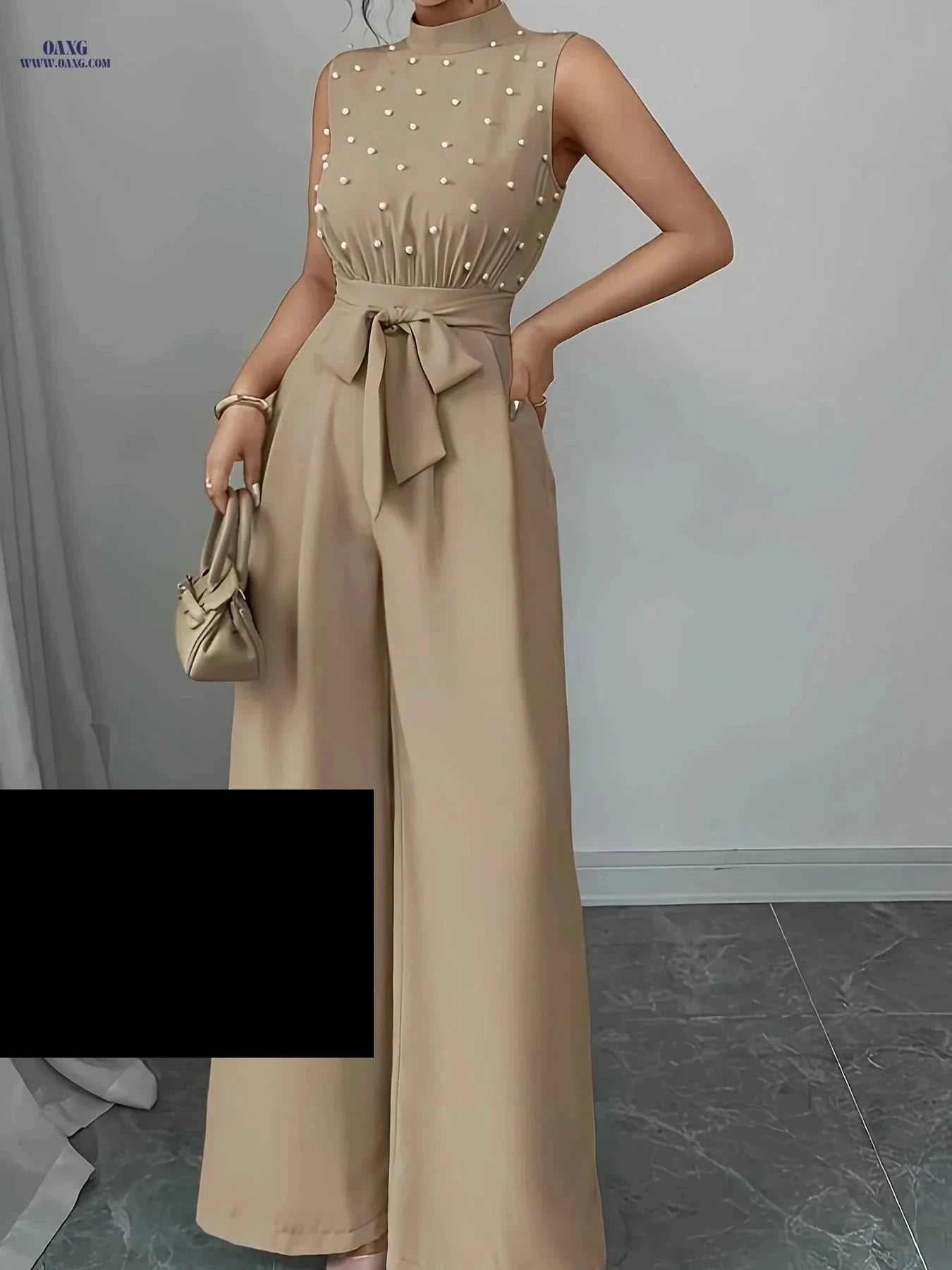 High-Neck Wide-Leg Jumpsuit - Chic Sleeveless Summer Style   OAXG Khaki / XS