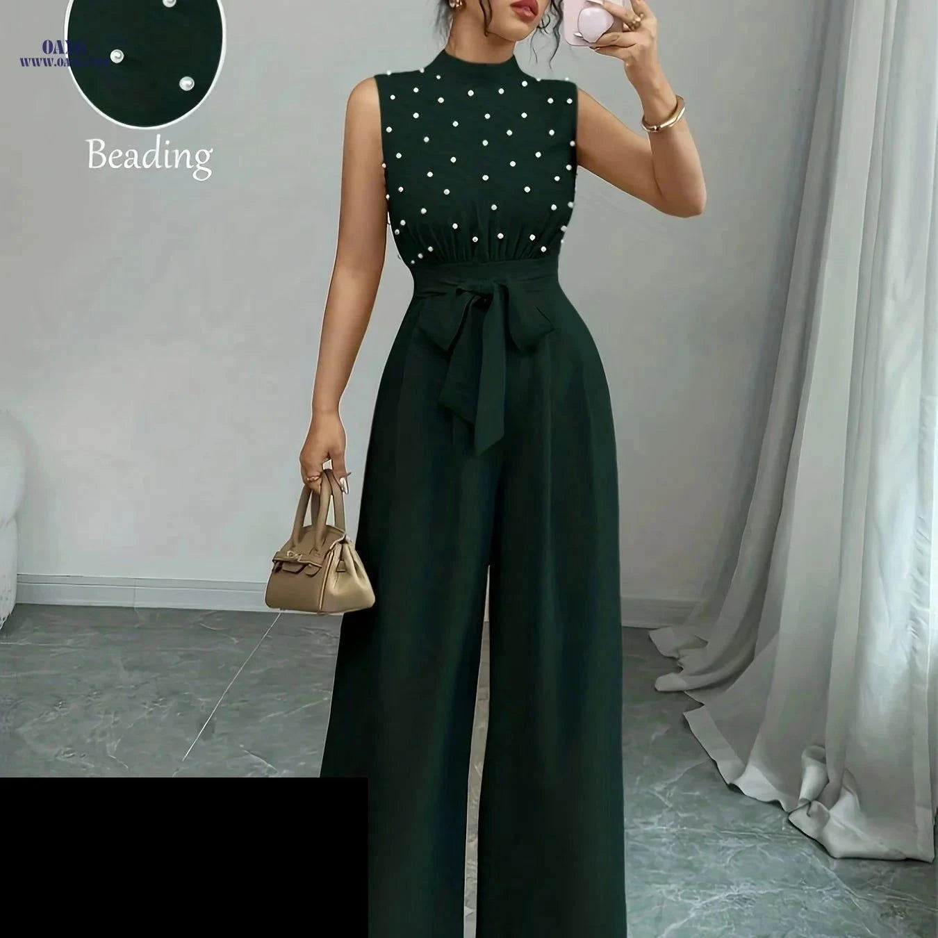High-Neck Wide-Leg Jumpsuit - Chic Sleeveless Summer Style   OAXG Khaki / XS