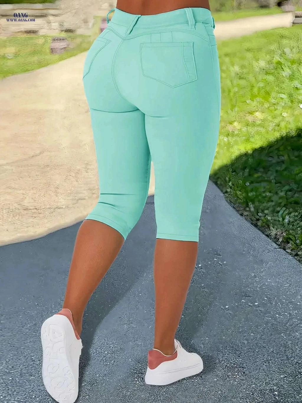 High Rise Capri Jeans - Solid Color, Button Fly, Slight Stretch   OAXG 
