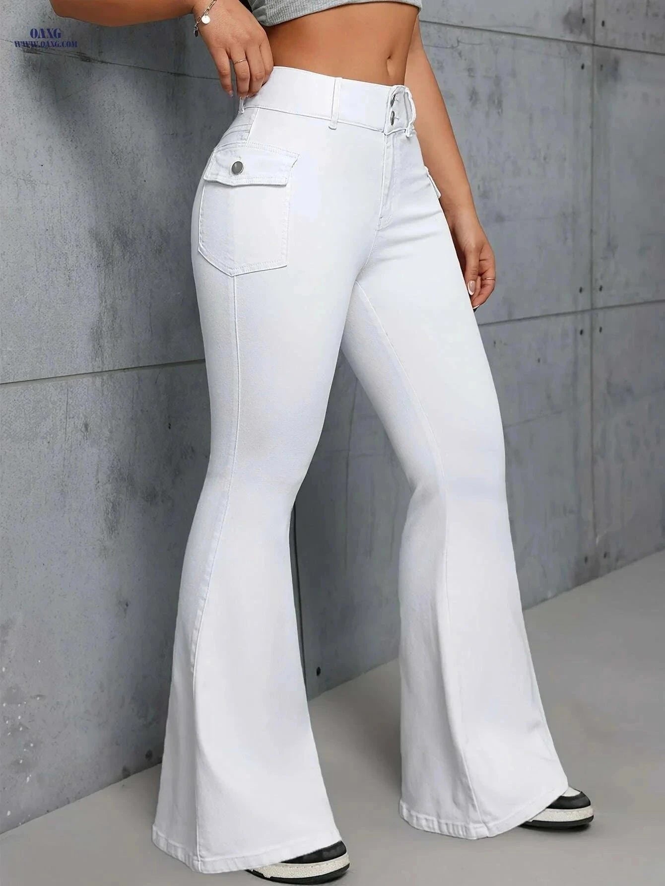 High Rise Flare Leg Cargo Jeans - Women's Stretchy Denim Pants   OAXG White / XS