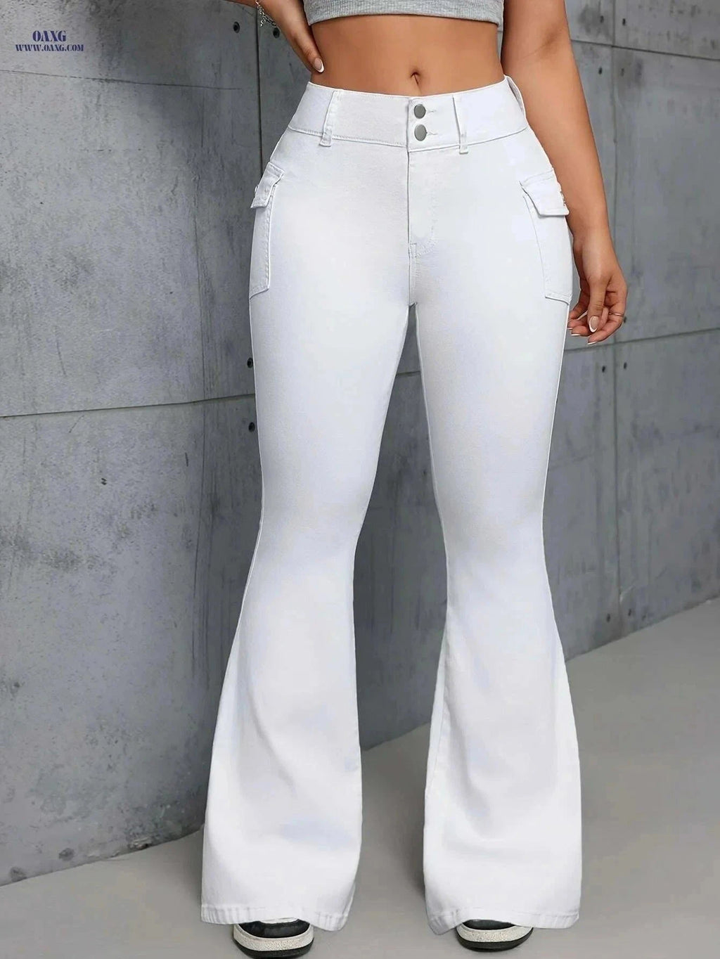 High Rise Flare Leg Cargo Jeans - Women's Stretchy Denim Pants   OAXG White / XS