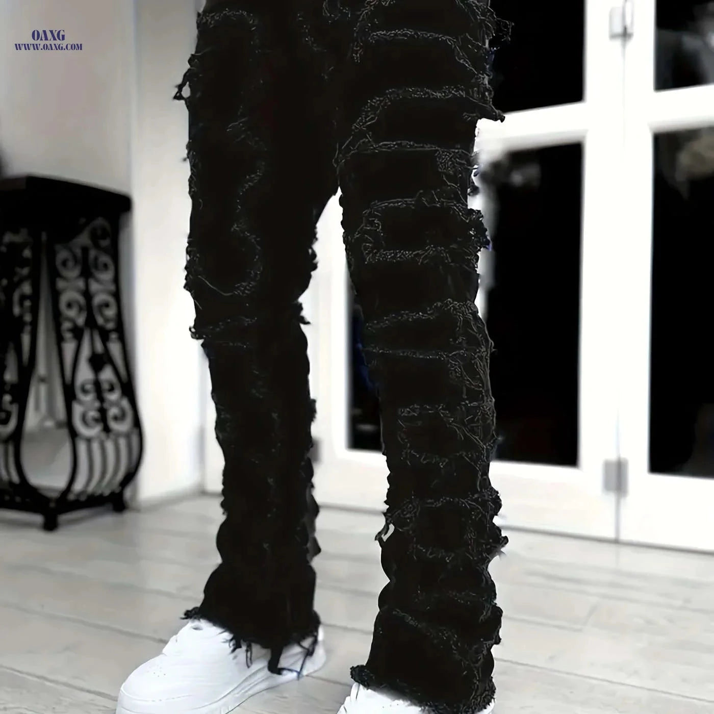 High Street Hip-Hop Creative Jeans - Slim Fit, Embroidered Asymmetrical   OAXG 