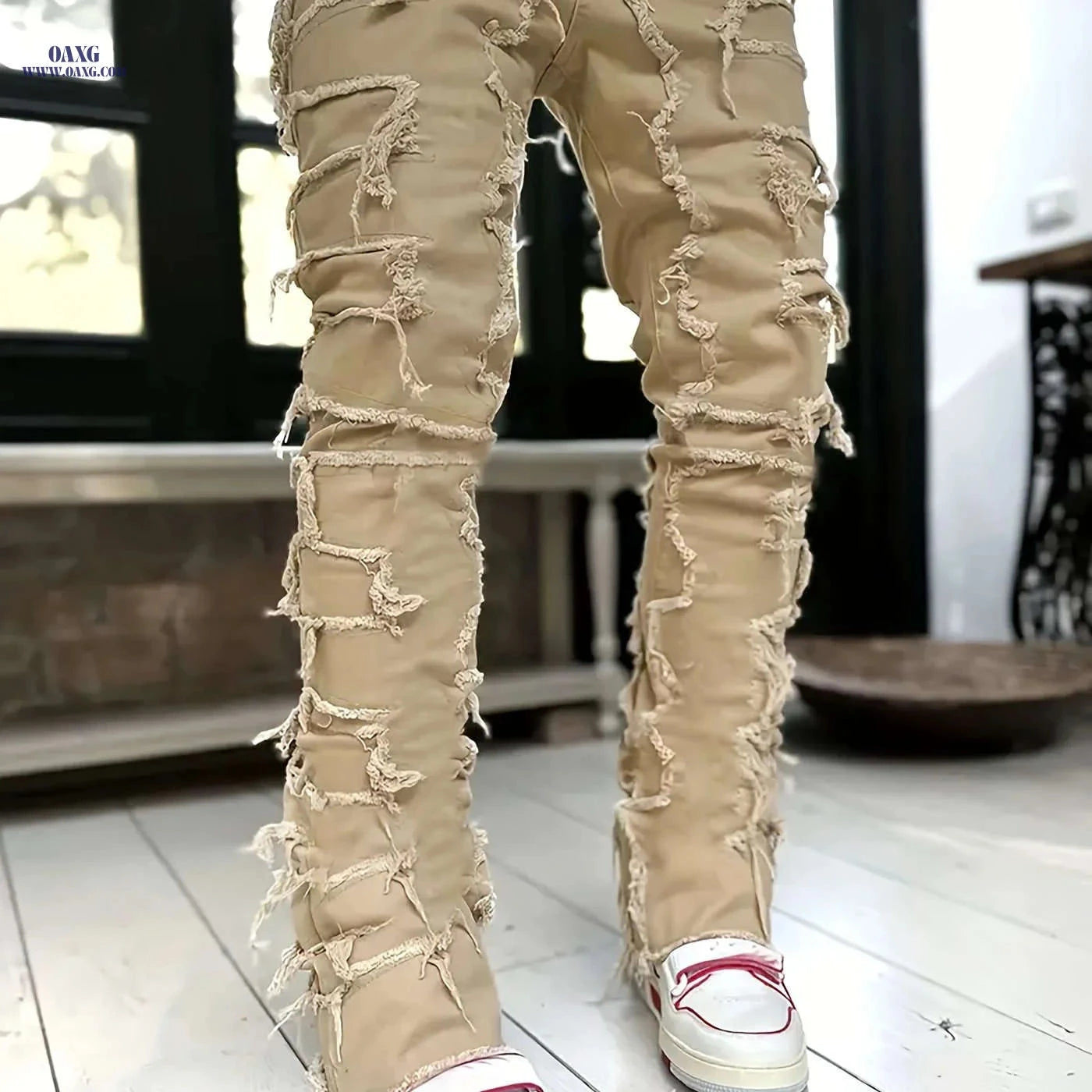 High Street Hip-Hop Creative Jeans - Slim Fit, Embroidered Asymmetrical   OAXG 