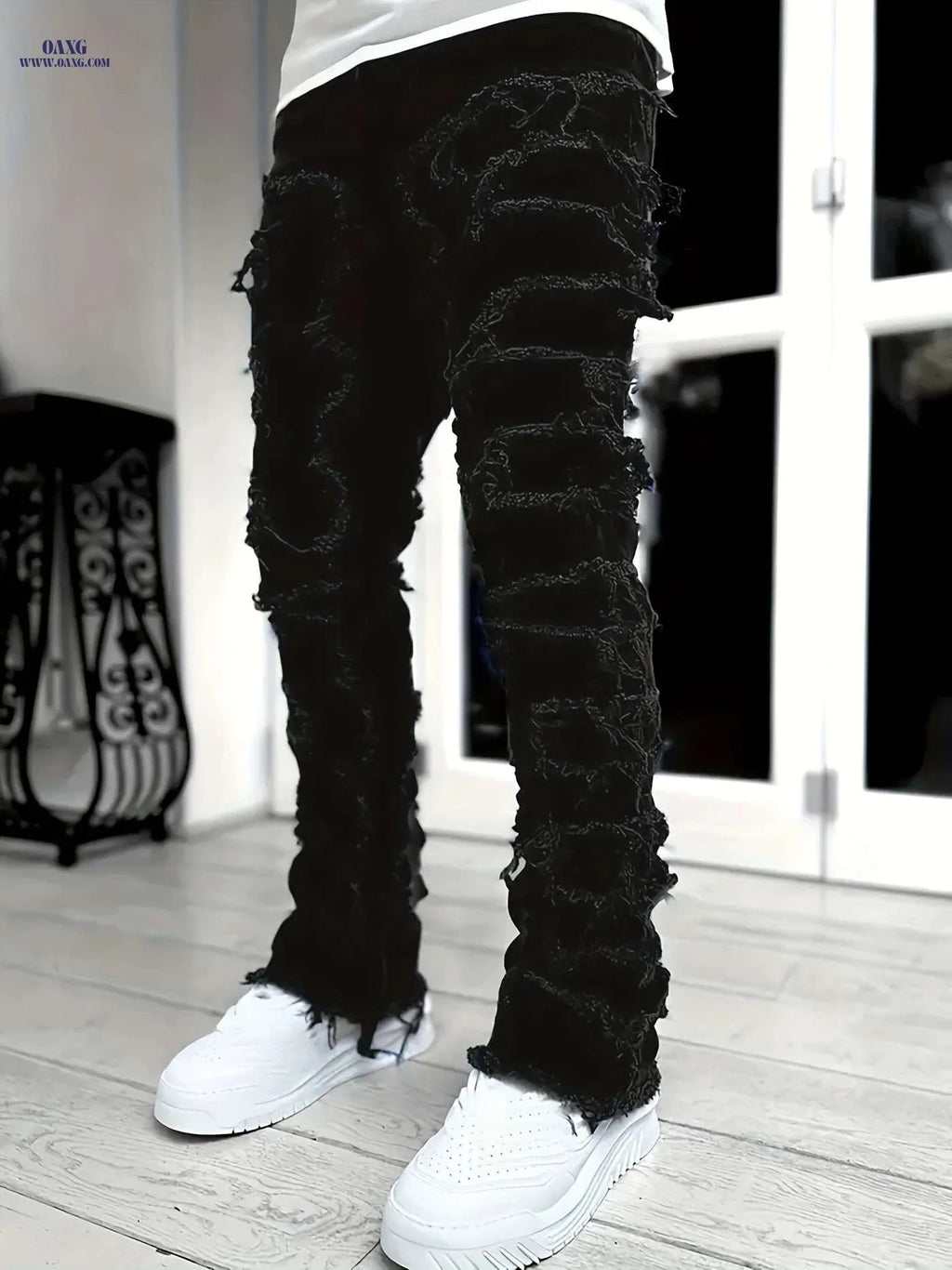 High Street Hip-Hop Creative Jeans - Slim Fit, Embroidered Asymmetrical   OAXG Black / FR S