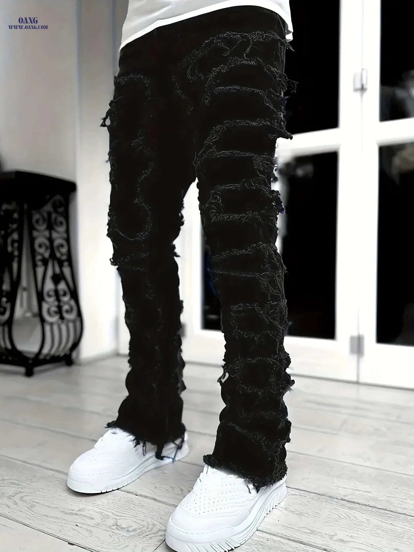 High Street Hip-Hop Creative Jeans - Slim Fit, Embroidered Asymmetrical   OAXG Black / FR S