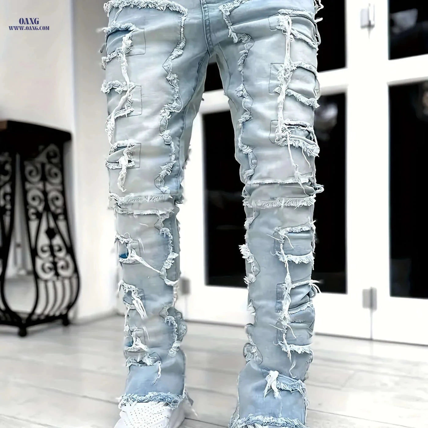 High Street Hip-Hop Creative Jeans - Slim Fit, Embroidered Asymmetrical   OAXG Black / FR S