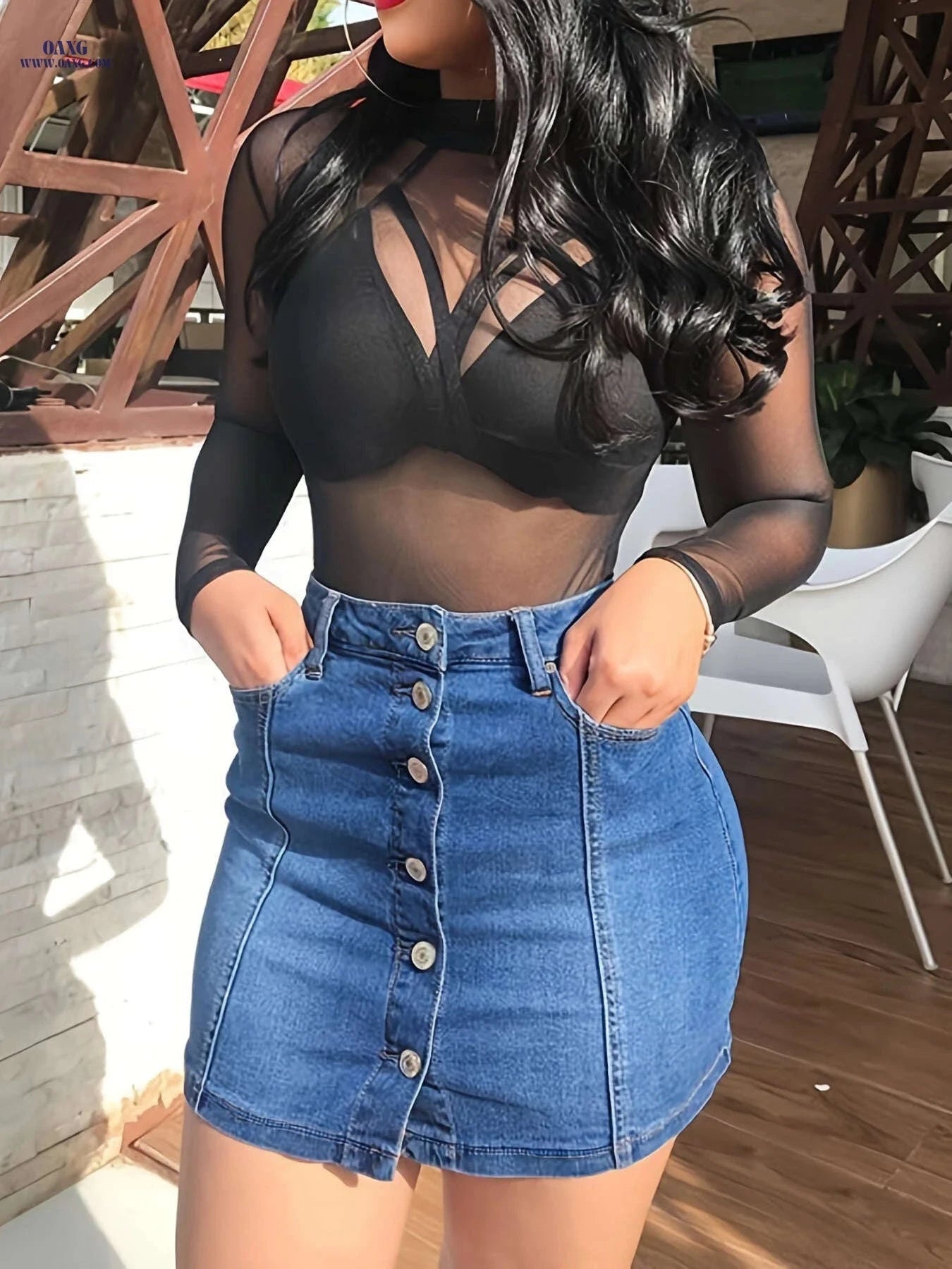 High Stretch Bodycon Denim Skirt with Pockets - Classic Sexy Style   OAXG Blue / S
