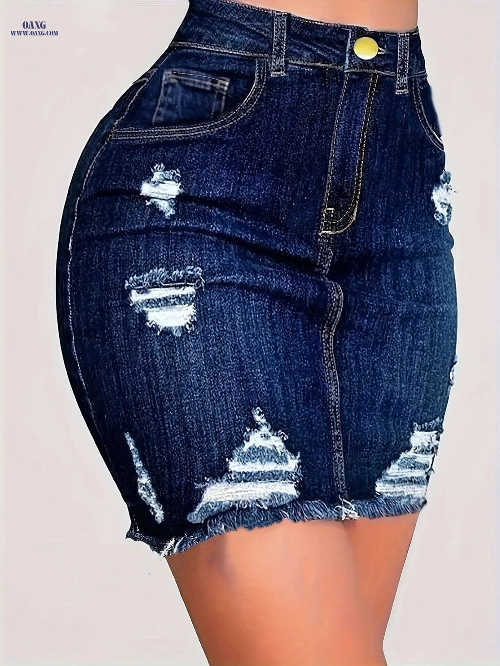 High Stretch Ripped Bodycon Skirt - Casual Solid Color, Spring/Summer   OAXG Dark Blue / S