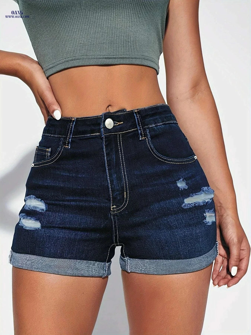 High Stretch Ripped Denim Shorts - Women’s Cuffed Summer Style   OAXG 