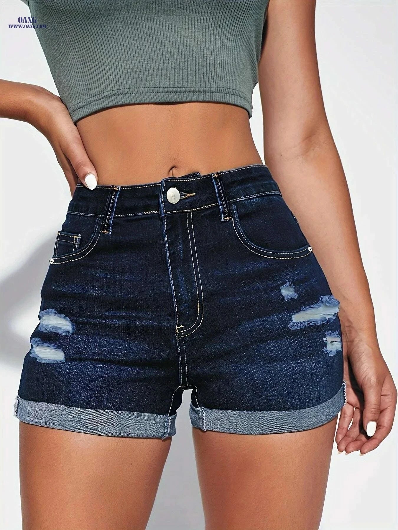 High Stretch Ripped Denim Shorts - Women’s Cuffed Summer Style   OAXG 