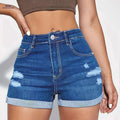 High Stretch Ripped Denim Shorts - Women’s Cuffed Summer Style   OAXG 