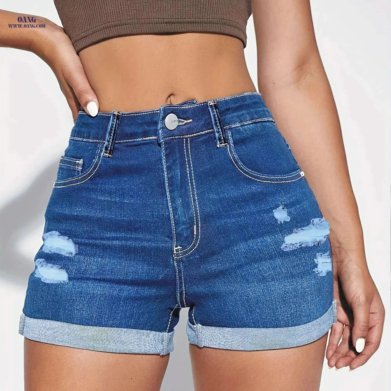 High Stretch Ripped Denim Shorts - Women’s Cuffed Summer Style   OAXG 