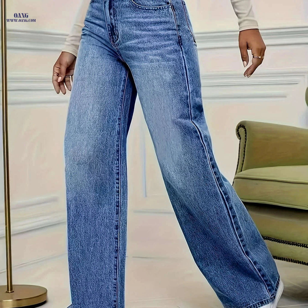 High Stretch Wide-Leg Jeans - Elastic Straight-Leg Design for Comfort   OAXG Medium Blue / S