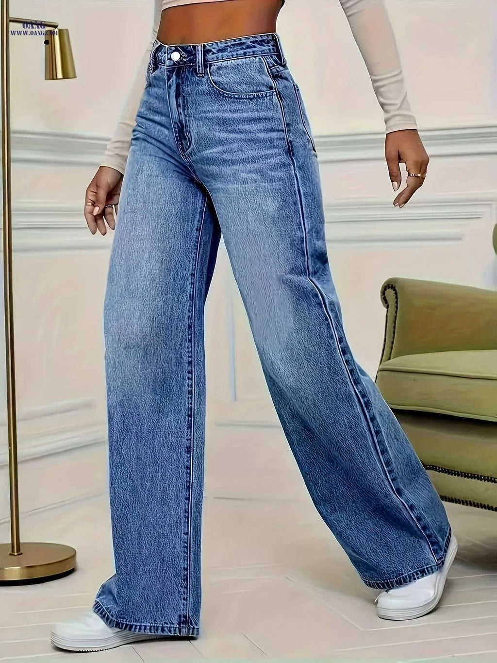High Stretch Wide-Leg Jeans - Elastic Straight-Leg Design for Comfort   OAXG Medium Blue / S