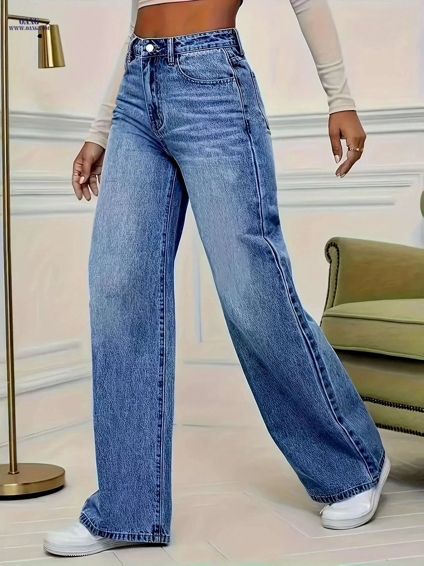 High Stretch Wide-Leg Jeans - Elastic Straight-Leg Design for Comfort   OAXG Medium Blue / S