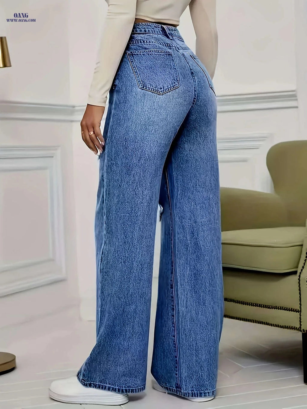 High Stretch Wide-Leg Jeans - Elastic Straight-Leg Design for Comfort   OAXG Medium Blue / S