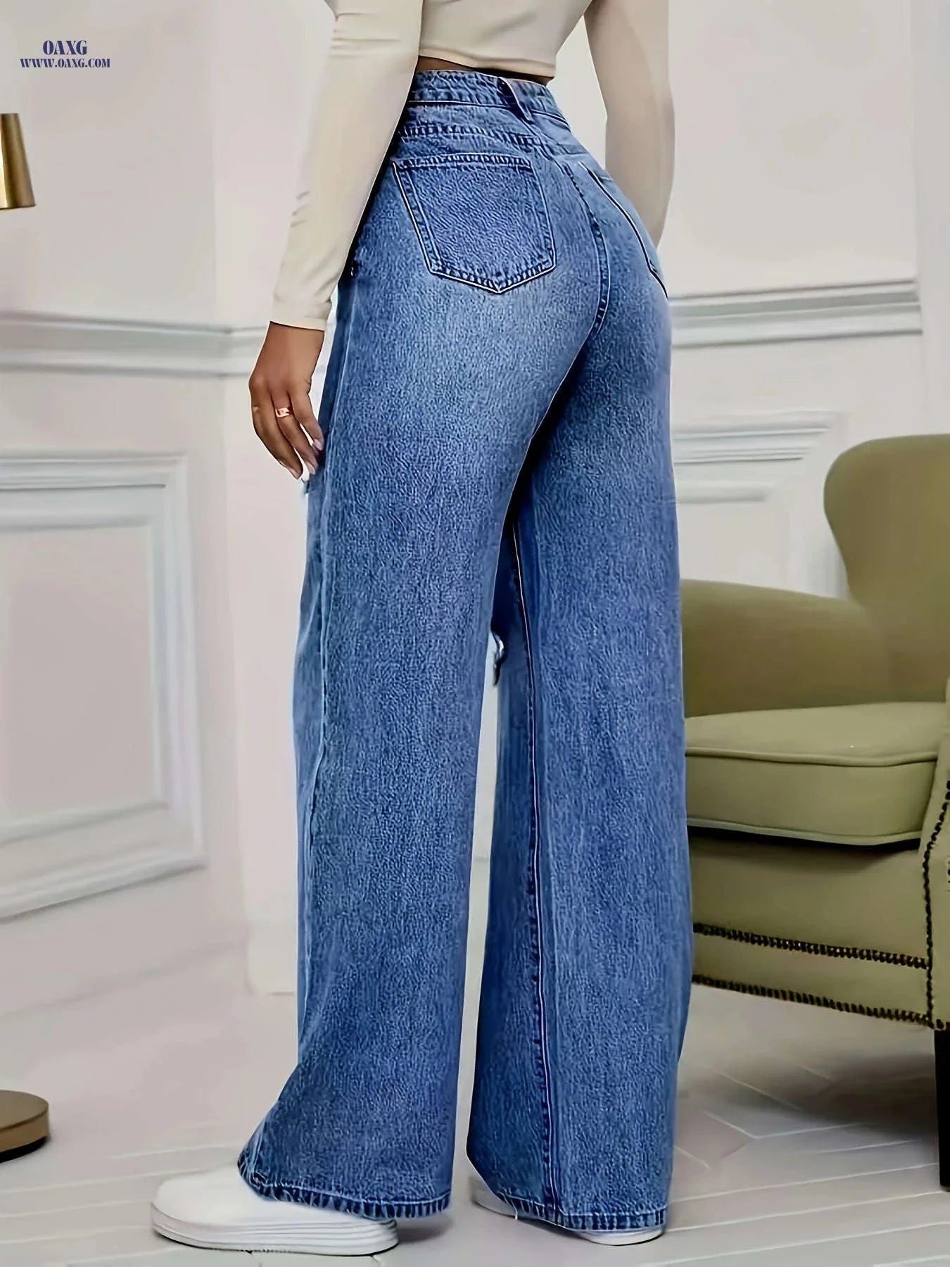 High Stretch Wide-Leg Jeans - Elastic Straight-Leg Design for Comfort   OAXG Medium Blue / S