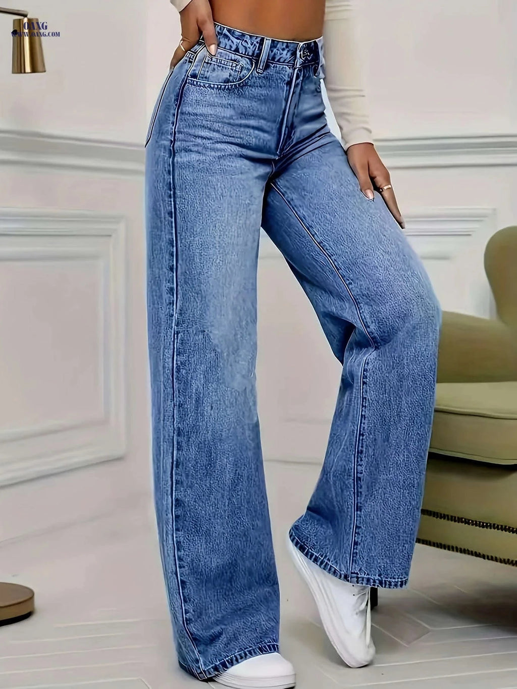 High Stretch Wide-Leg Jeans - Elastic Straight-Leg Design for Comfort   OAXG Medium Blue / S