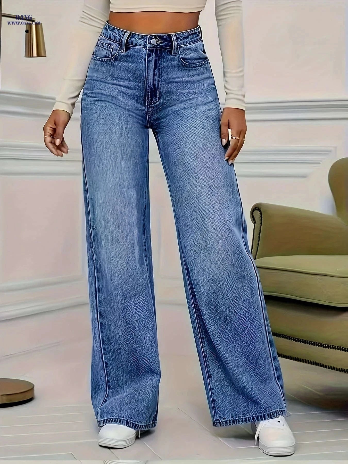 High Stretch Wide-Leg Jeans - Elastic Straight-Leg Design for Comfort   OAXG Medium Blue / S