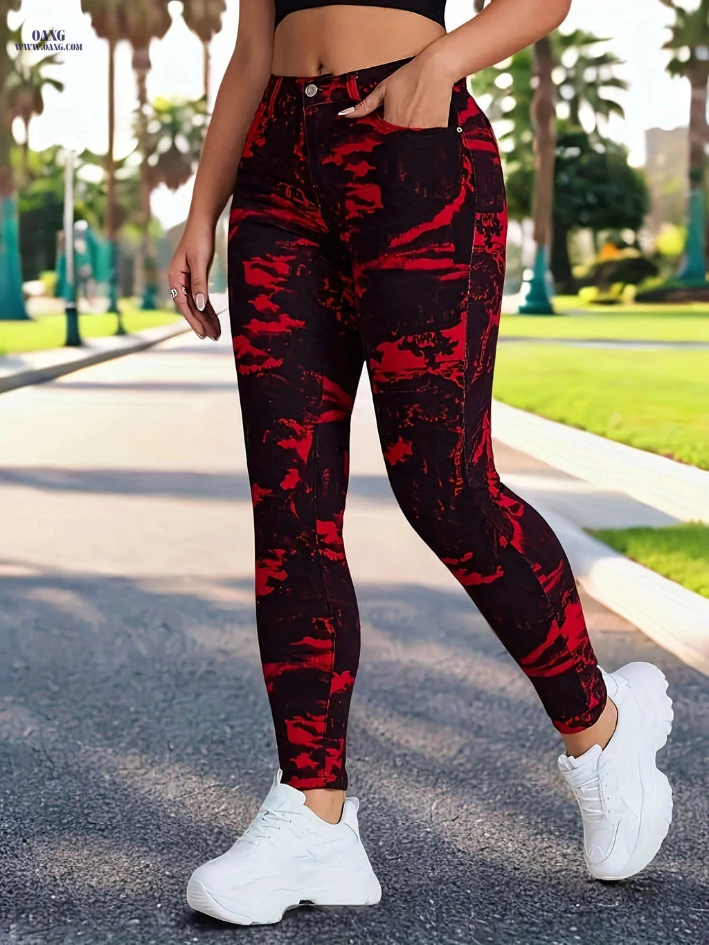 High Stretch Women’s Sport Tight Pants - Mid Waist, Zipper Fly Style   OAXG Red / XS