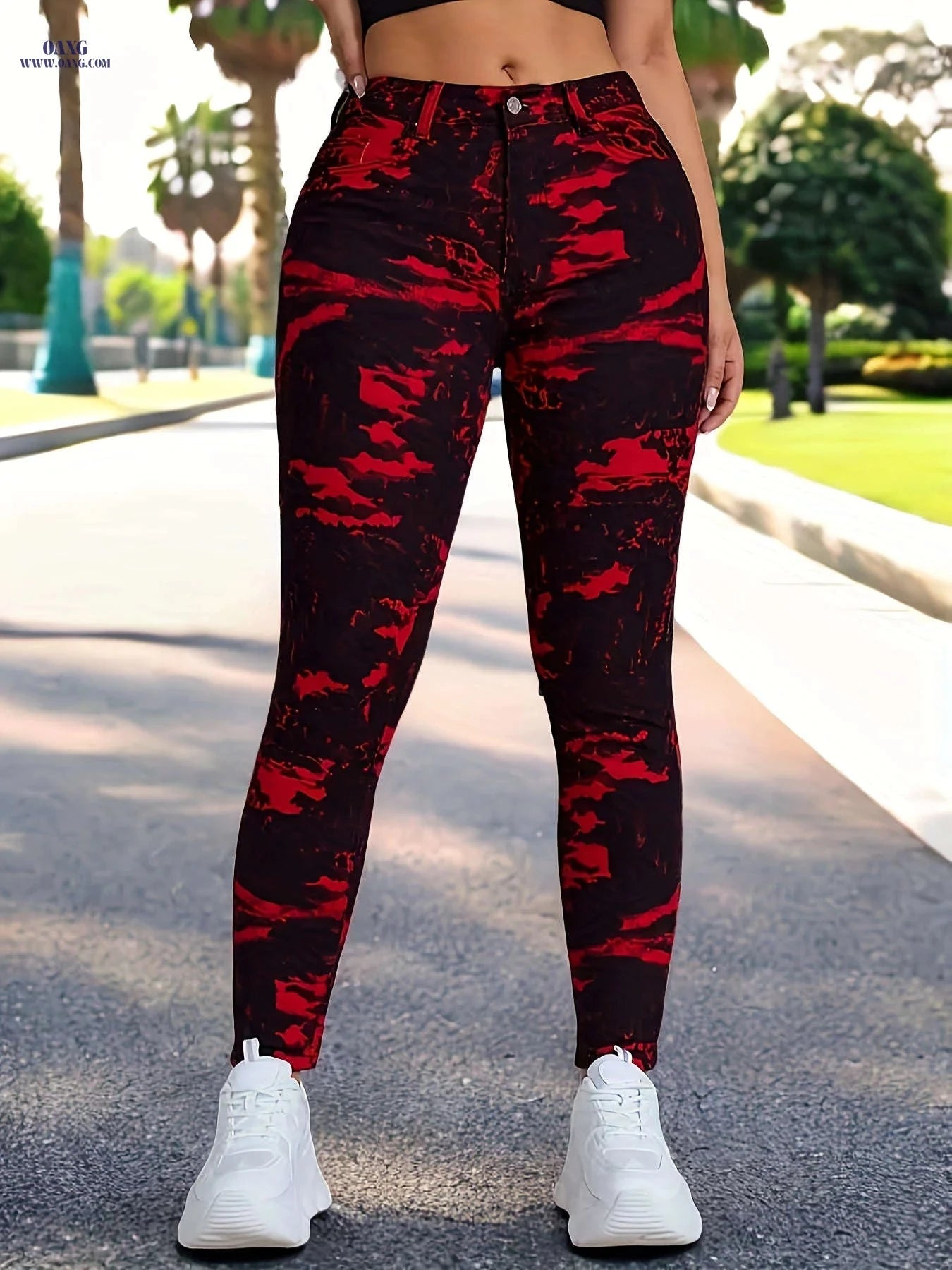 High Stretch Women’s Sport Tight Pants - Mid Waist, Zipper Fly Style   OAXG Red / XS