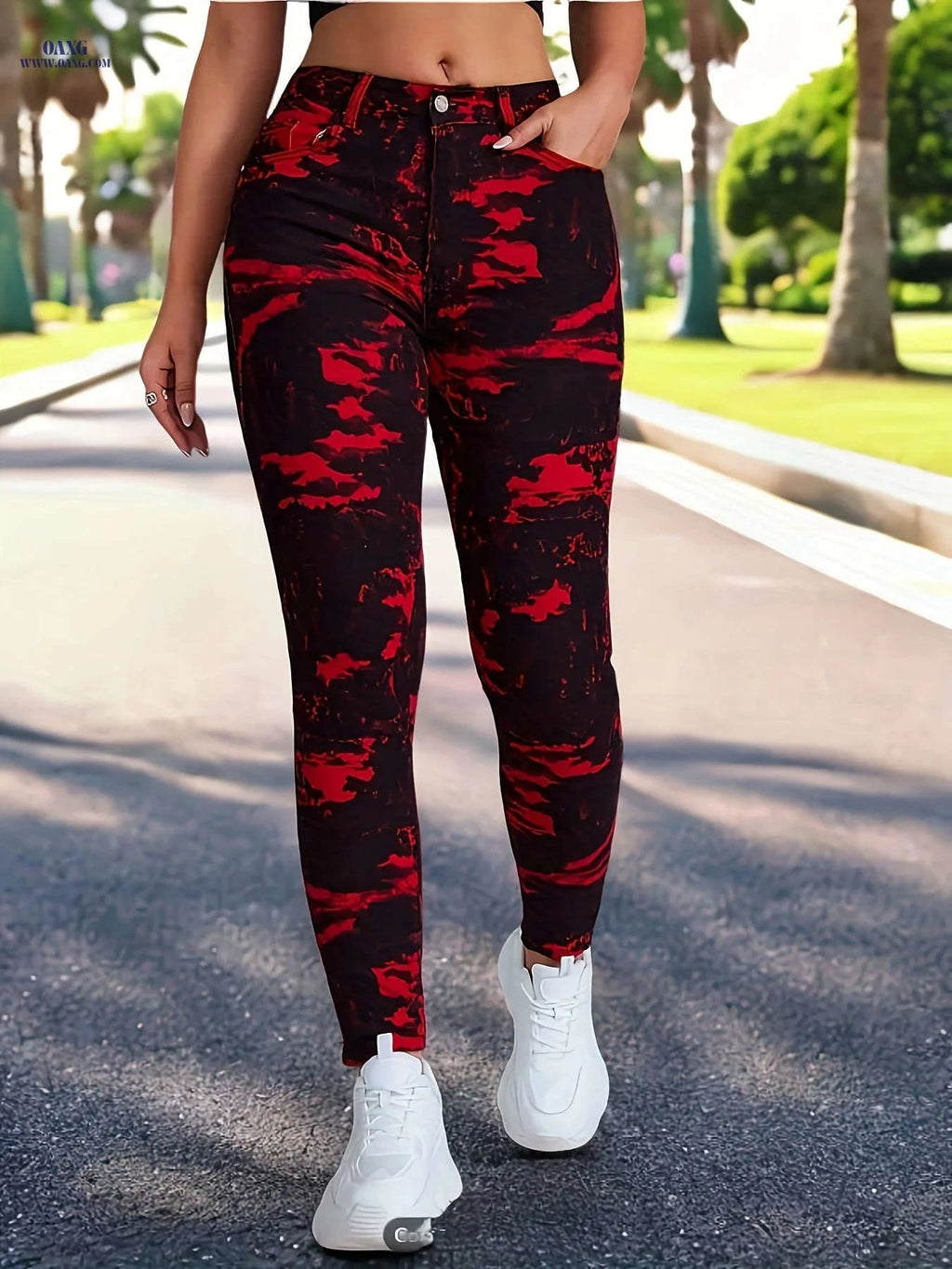 High Stretch Women’s Sport Tight Pants - Mid Waist, Zipper Fly Style   OAXG Red / XS