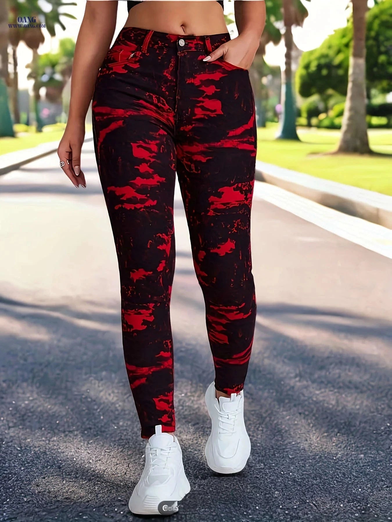 High Stretch Women’s Sport Tight Pants - Mid Waist, Zipper Fly Style   OAXG Red / XS
