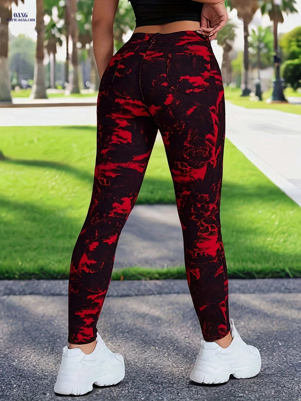 High Stretch Women’s Sport Tight Pants - Mid Waist, Zipper Fly Style   OAXG Red / XS