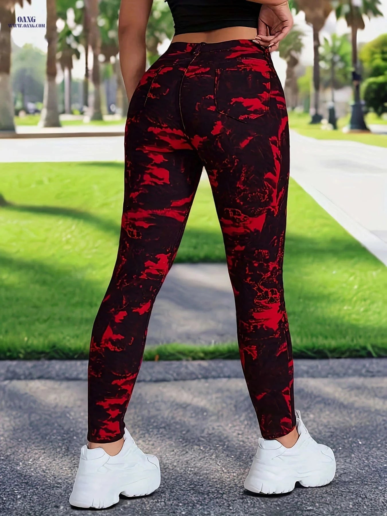 High Stretch Women’s Sport Tight Pants - Mid Waist, Zipper Fly Style   OAXG Red / XS