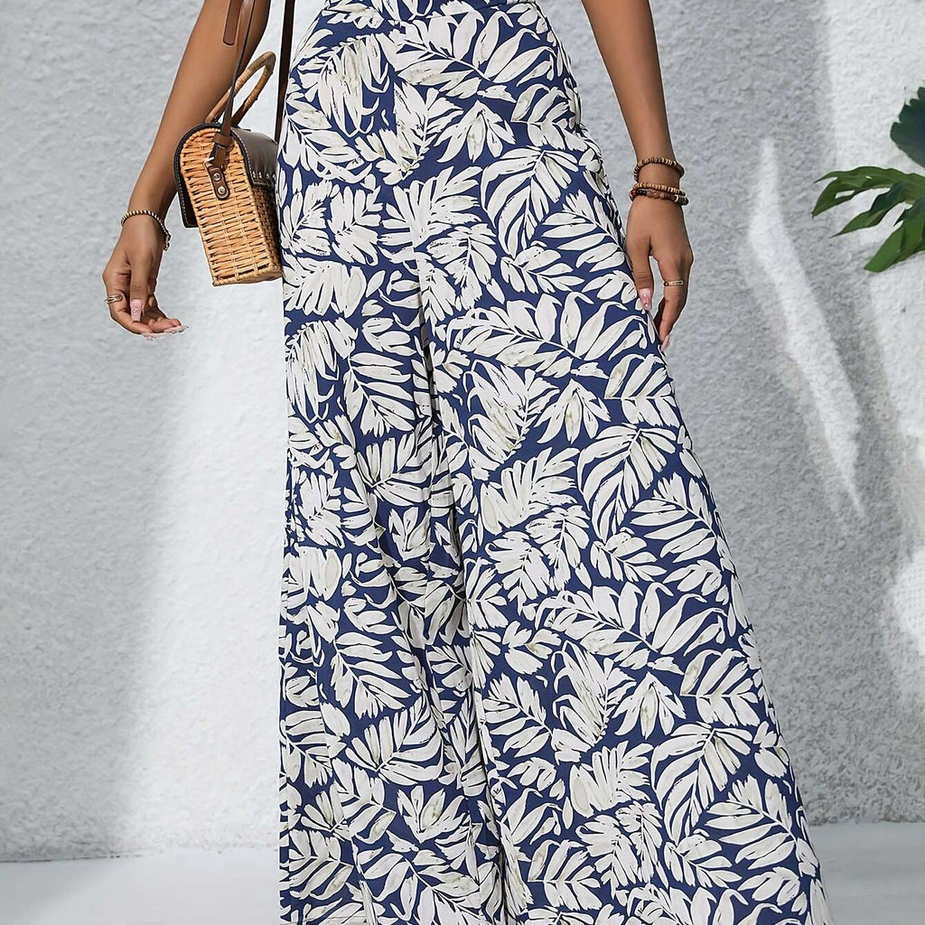 High Waist Bohemian Floral Wide-Leg Pants - Summer Casual Style   OAXG Navy Blue / S