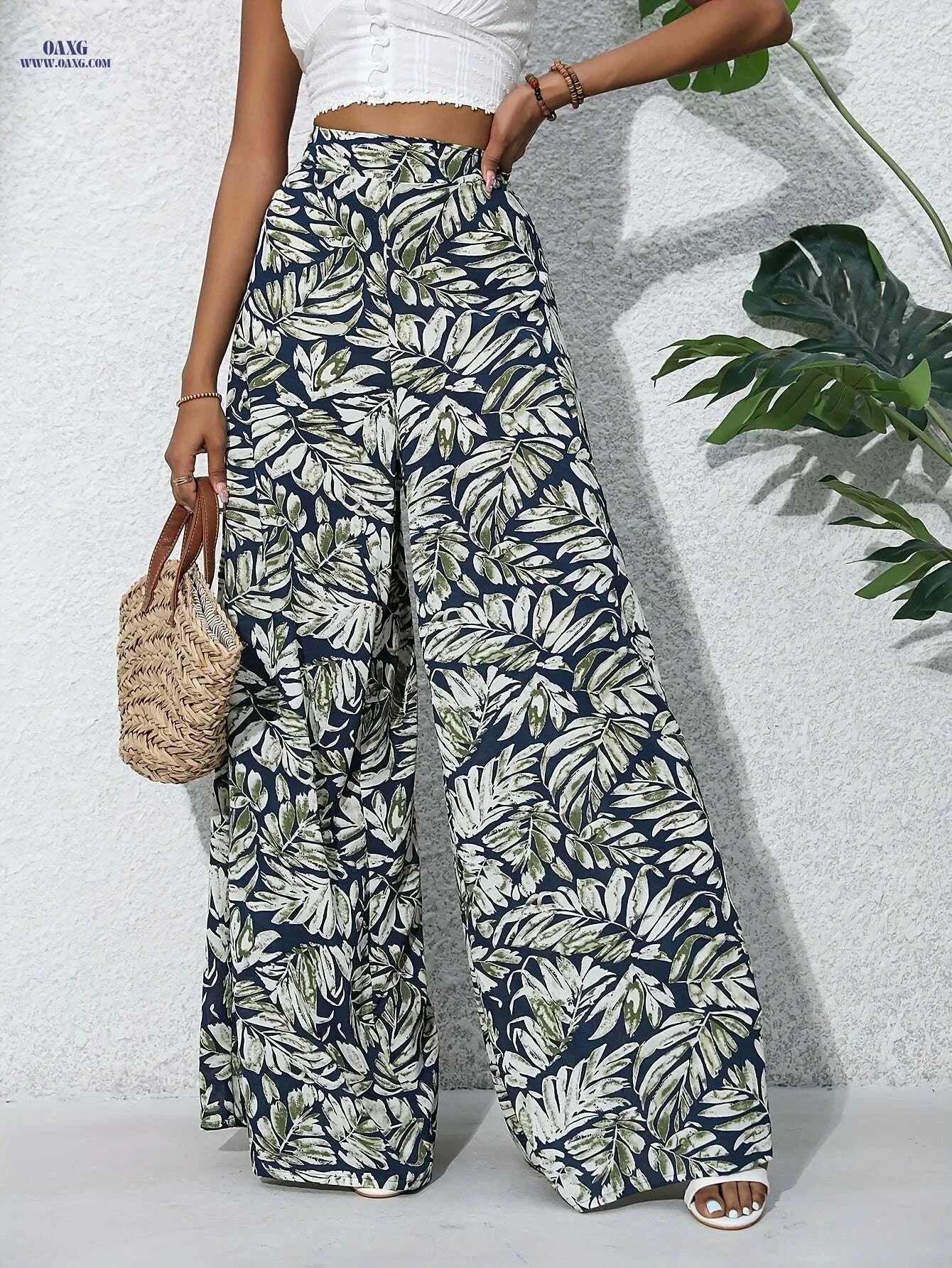 High Waist Bohemian Floral Wide-Leg Pants - Summer Casual Style   OAXG Navy Blue / S