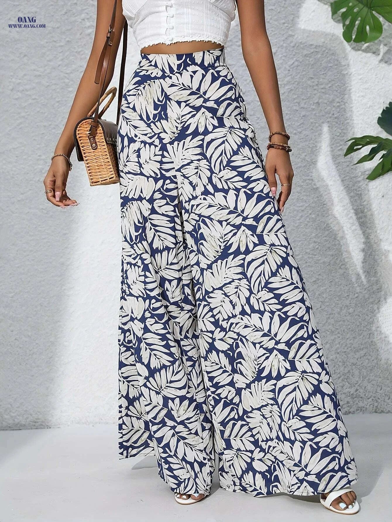 High Waist Bohemian Floral Wide-Leg Pants - Summer Casual Style   OAXG Navy Blue / S