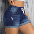 High-Waist Deep Blue Drawstring Shorts - Casual Stretch Fit for Summer   OAXG 