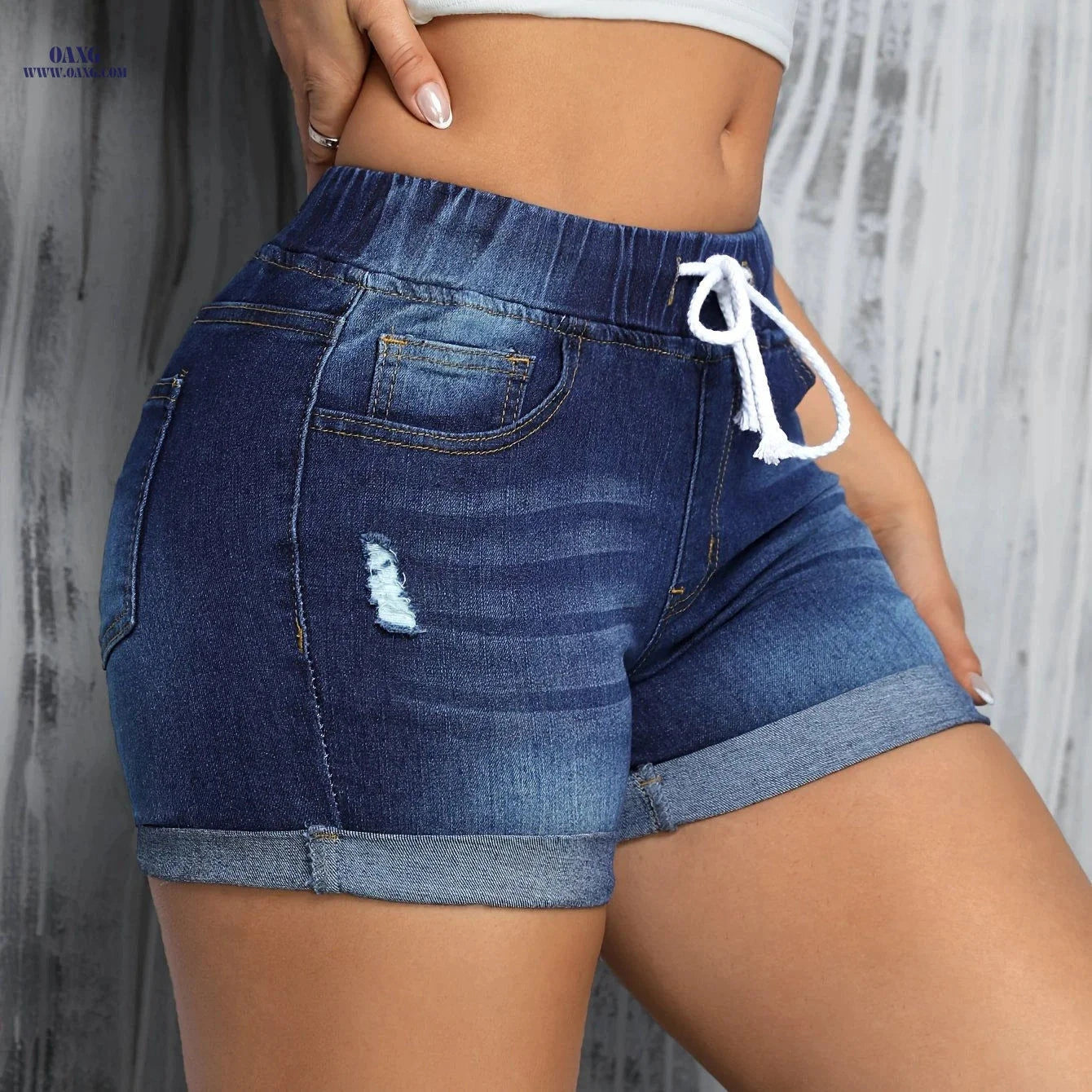 High-Waist Deep Blue Drawstring Shorts - Casual Stretch Fit for Summer   OAXG 
