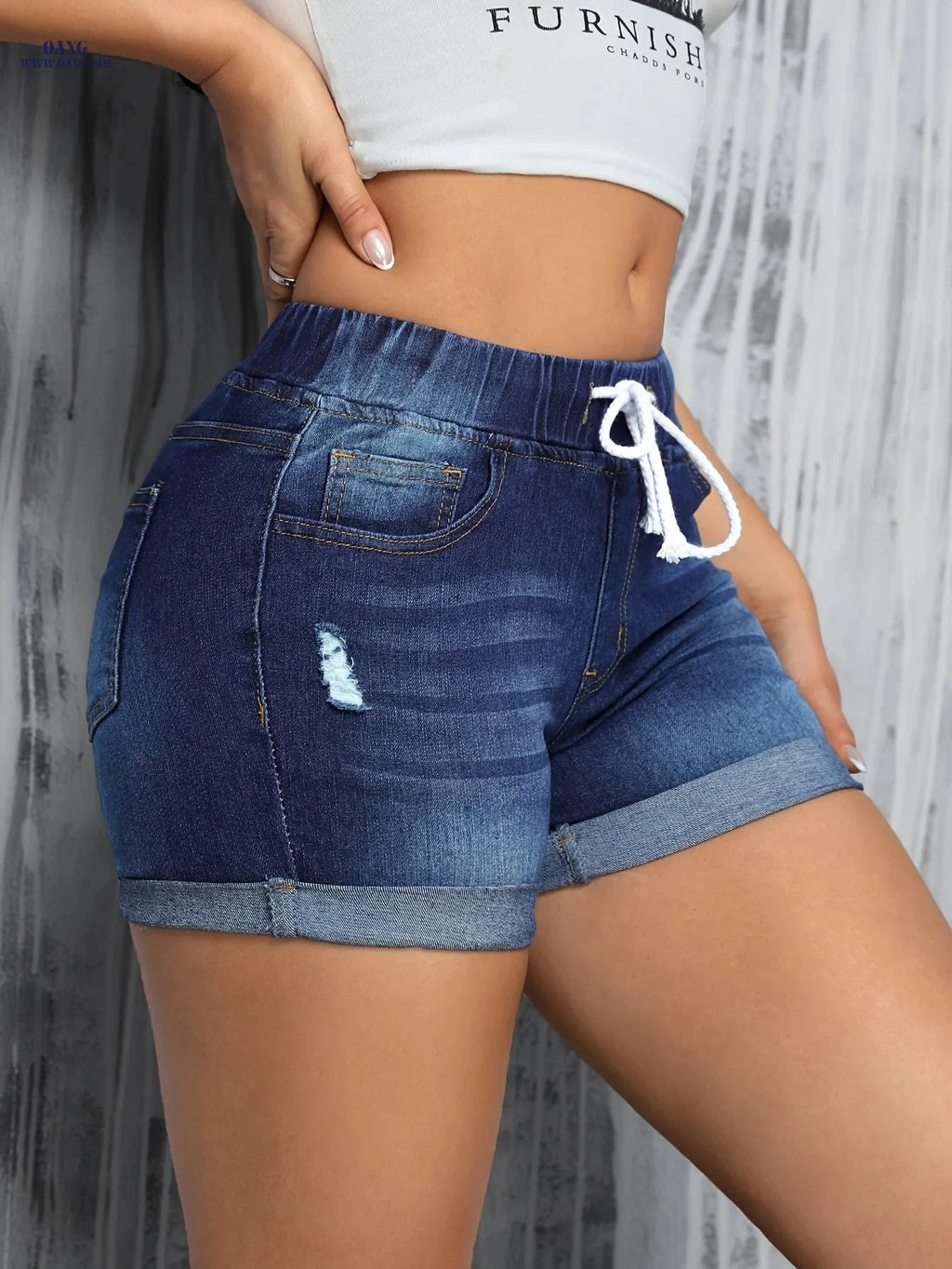High-Waist Deep Blue Drawstring Shorts - Casual Stretch Fit for Summer   OAXG 