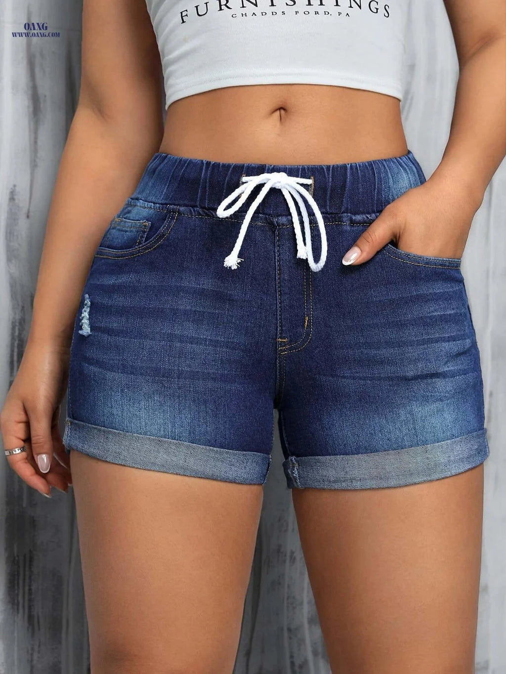 High-Waist Deep Blue Drawstring Shorts - Casual Stretch Fit for Summer   OAXG 