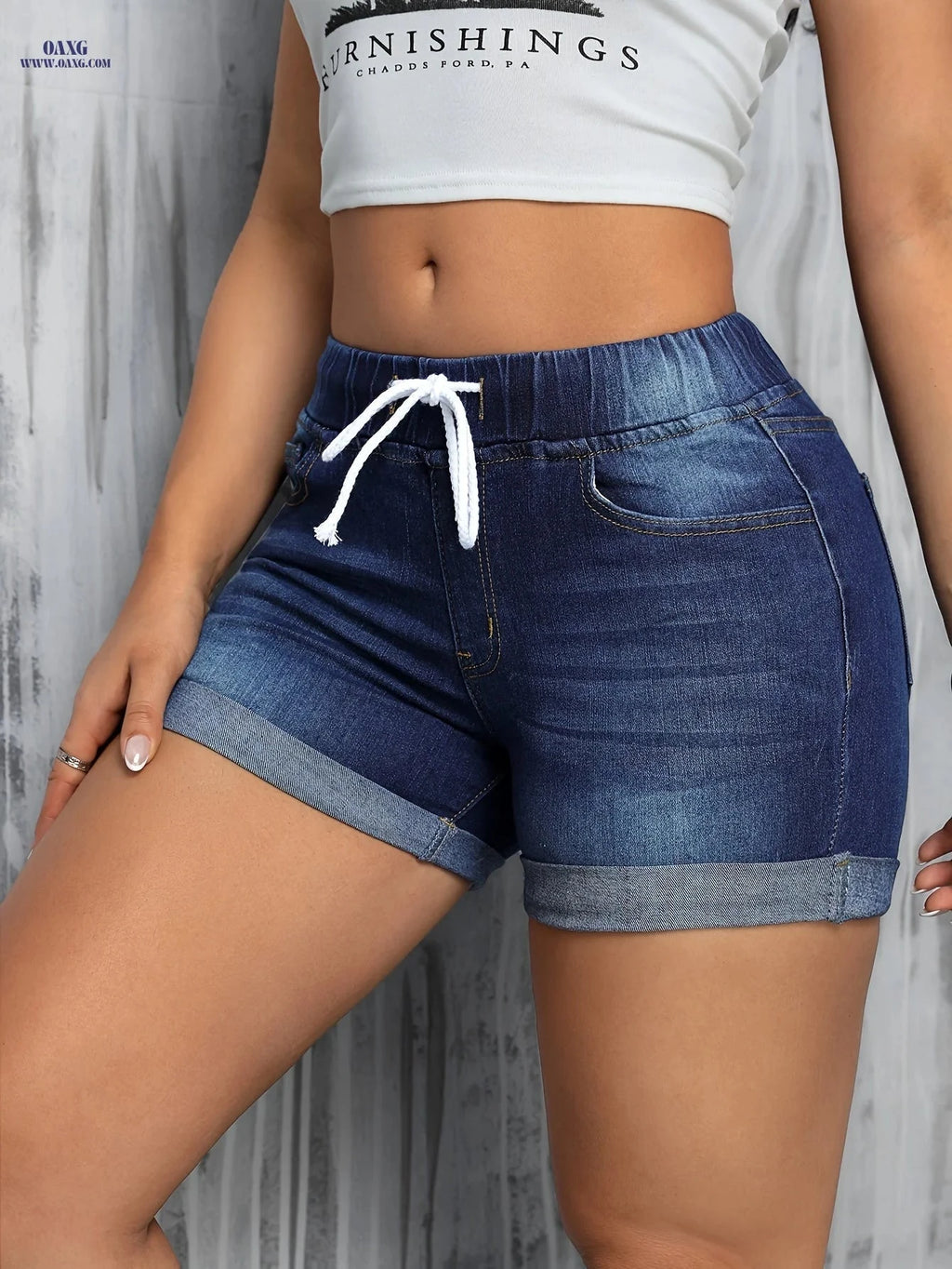 High-Waist Deep Blue Drawstring Shorts - Casual Stretch Fit for Summer   OAXG 