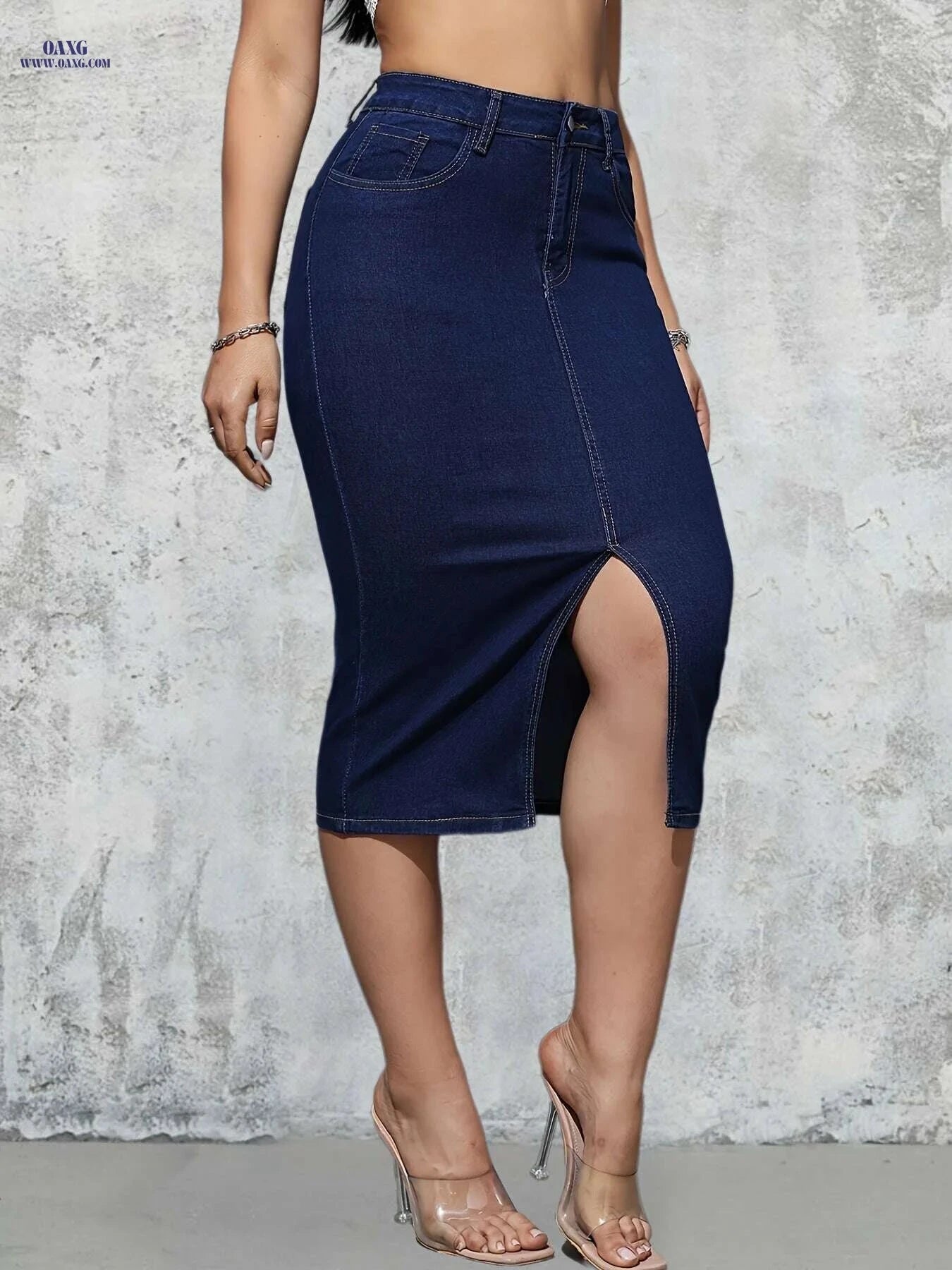 High-Waist Denim Bodycon Skirt - Slim Fit, Side Split, Street Style   OAXG 